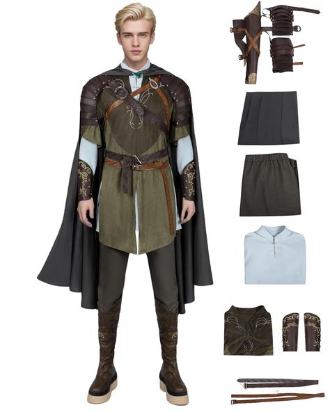 PRICES MAY VARY. 9PCS Top Set: 1*cloak + 1*belt + 1*sleeves + 1*arrow quiver + 1*shoulder armour + 1*top + 1*pants + 1*shirt + 1*cloak pin Prince of The Elves Deluxe Costume: Unlike the simple costumes on the market, our Legolas costume is handmade and refined, 1:1 restoration of character details, deluxe design and materials, guaranteed to make you the best elf prince in the scene! Handmade Refined with Quality Materials: The materials used are exquisite to ensure that the cape is wide and flow Man Elf Costume, Elf Clothes Male, Legolas Outfit, Elf Outfit Male, Suit With Accessories, Wood Elf Costume, Legolas Costume, Fairy Path, Elven Cloak