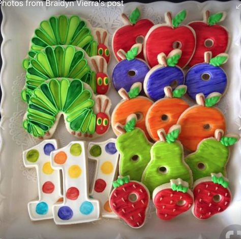 Hungry Caterpillar Treats, Hungry Caterpillar Birthday Smash Cake, Primary Color First Birthday, First Birthday Hungry Caterpillar, Food Themed First Birthday Party, Hungry Caterpillar Birthday Food, Hungry Caterpillar Birthday Decorations, One Hungry Caterpillar Birthday, Hungry Caterpillar Smash Cake