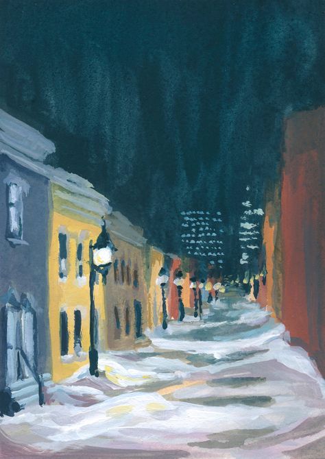 Winter Magic: Paintings of Montreal in the Snow - Painted Stories – creative discovery, paying attention to detail, noticing details quotes, gratitude, awareness, mindfulness, mindfulness activities, being mindful how to for artists, artists and makers, being present, mont-royal, city lights, winter night, montreal, plateau mont-royal, snow, snowscape, snow scene, winter painting, winter cityscapes, urban landscapes, city street, hidden street, houses, colour mixing, painting gallery Mont Royal Montreal, Plant Art Print, Winter City, Street Painting, Painting Snow, City Painting, Architecture Painting, Of Montreal, Winter Painting