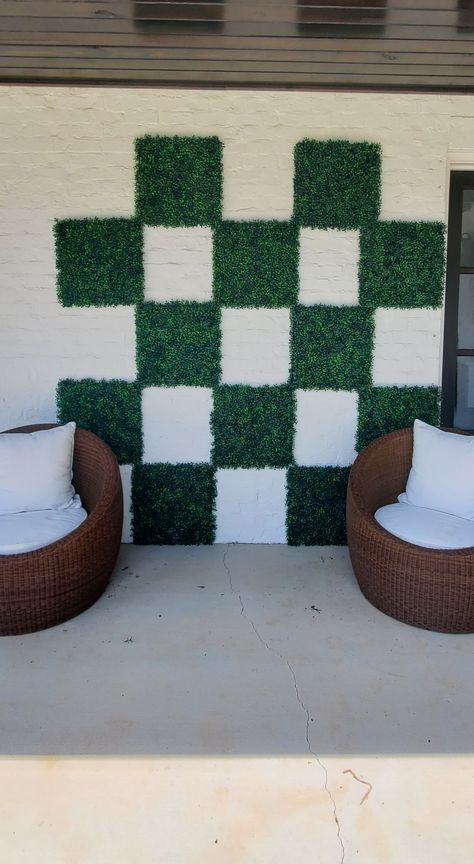 Checkered greenery wall Grass Wall Decor, Greenery Wall Decor, Checker Wallpaper, Classroom Interior, Greenery Wall, Selfie Wall, Wall Nails, Chalk Wall, Grass Wall