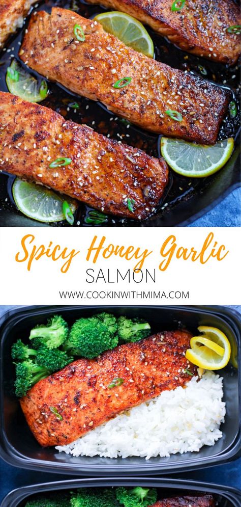 A quick and delicious dinner recipe, these Spicy Honey Garlic Salmon make the perfect week night meal. Pan seared salmon cook to perfection in a spicy honey garlic glaze. These nutritious salmon fillets are also a great meal prep recipe! #salmondinner #honeygarlicsalmon #cookinwithmima Spicy Honey Garlic Salmon, Salmon Recipe Pan, Salmon Meal Prep, Oven Salmon, Salmon Recipes Pan Seared, Salmon Recipes Baked Healthy, Recipes Salmon, Honey Garlic Salmon, Garlic Salmon