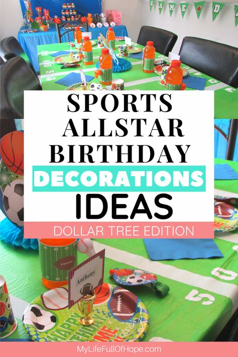 Sports All Star Dollar Tree Birthday Party Theme | Dollar Tree Edition All Sports Birthday Party Decorations, Sports Themed Birthday Party Ideas Food Concession Stands, Sports Birthday Decorations, Sports Birthday Party Favors, Kids Sports Birthday Party, All Star Birthday Party, Tree Birthday Party, Sports Party Decor, Dollar Tree Birthday