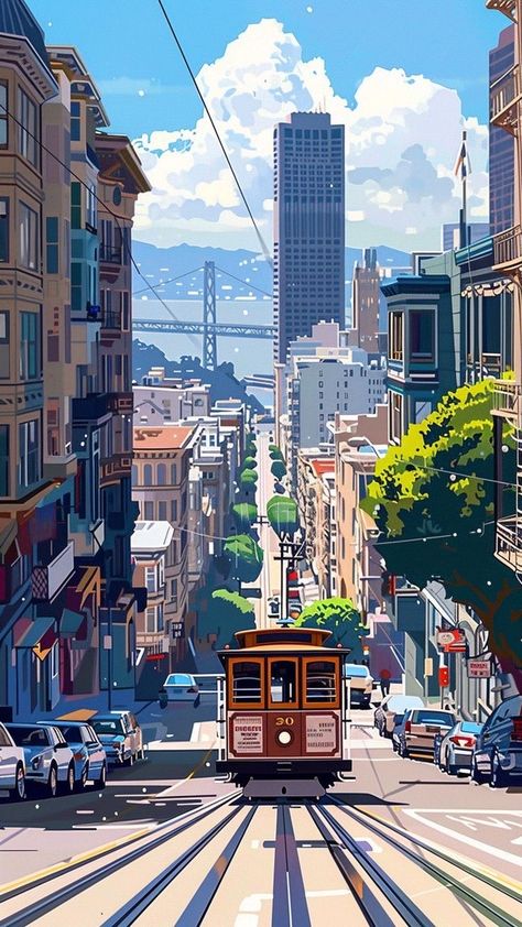 San Francisco Illustration Art, Cityscapes Drawing, City Scape Illustration, San Francisco Drawing, San Francisco Illustration, San Francisco Painting, San Francisco Wallpaper, Cityscape Illustration, San Francisco Architecture