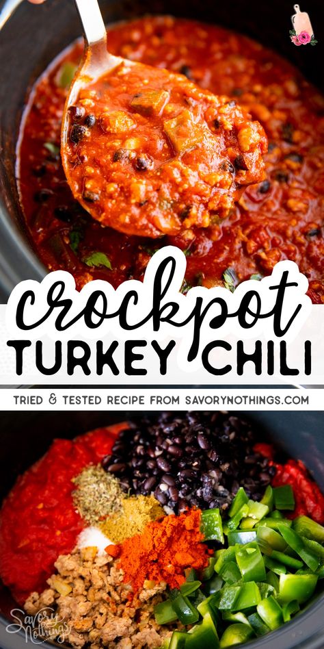 This is seriously the best healthy turkey chili! Very little prep, then quick and easy to make/dump and go. We serve it with honey cornbread, soooo good! #healthyfood #healthyrecipes #slowcooker #crockpot #crockpotrecipes #healthydinner #cleaneating Low Carb Turkey Chili Crock Pot, Crockpot Turkey Chili Recipe Easy, Easy Healthy Chili Crockpot, Chili Recipe Crockpot Turkey, Slow Cooker Chili Turkey, Ground Chicken Chili Crockpot, Healthy Turkey Chili Crockpot, Ground Turkey Chili Crockpot, Turkey Crockpot Chili