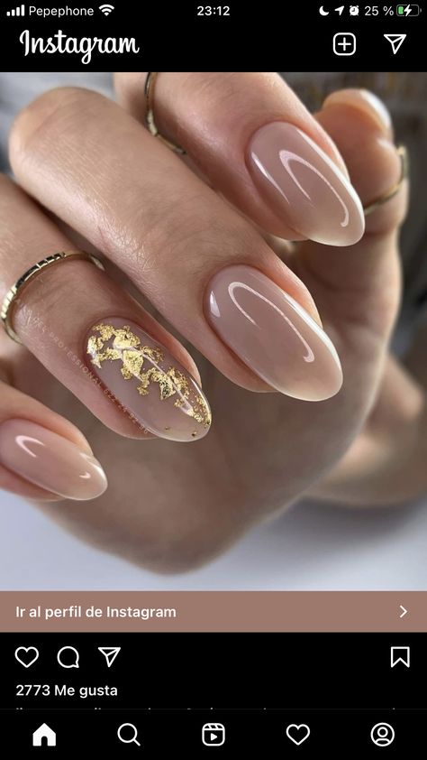 Gel Nails Rose Gold, Natural And Gold Nails, Neutral Nails With Gold Accent, Golden Nails Designs Classy, Nude Nails With Gold Design, Gold Neutral Nails, Bali Nails Design, Neutral And Gold Nails, Nude Nails With Gold Foil