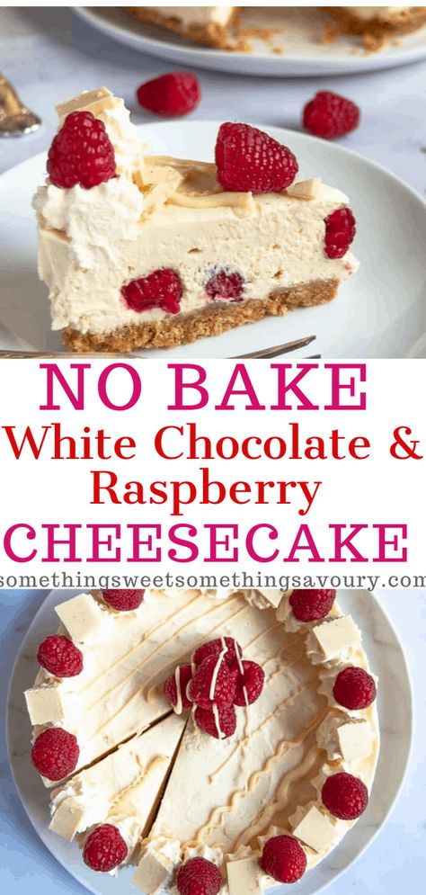 This No Bake White Chocolate and Raspberry Cheesecake is so creamy and delicious! Buttery biscuit base, creamy white chocolate filling and bursts of fresh raspberries! It's a fabulous choice for a celebration dessert. #nobakewhitechocolateandraspberrycheesecake #whitechocolateandraspberrycheesecake #nobakecheesecake Raspberry Cheesecake Recipes, White Chocolate Raspberry Pie, No Bake Raspberry Cheesecake, White Chocolate Desserts Easy, White Chocolate Cheesecake No Bake, No Bake Cheesecakes, White Choc Cheesecake, No Bake White Chocolate Cheesecake, No Bake White Chocolate Raspberry