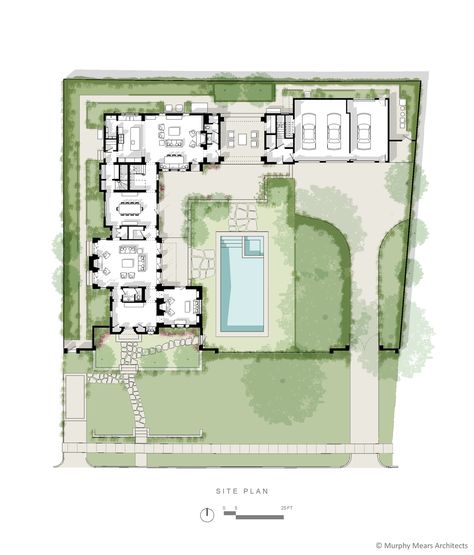 Courtyard House - Site Plan showing the public entry and private drive separated on opposite sides of the site by a central outdoor space. Farm Site Plan Design, Site Plan House, Residential Site Plan, House Site Plan, Site Plan Design, Architecture Site Plan, Modern Floor Plans, Courtyard House Plans, Architectural Floor Plans