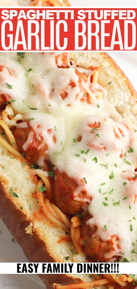 Spaghetti Stuffed Garlic Bread, Spagetti And Meatball Recipe, Marinara Meatballs, Spaghetti Bread, Meatballs And Cheese, Classic Family Meals, Stuffed Garlic Bread, Spaghetti Marinara, Au Gratin Potato Recipes