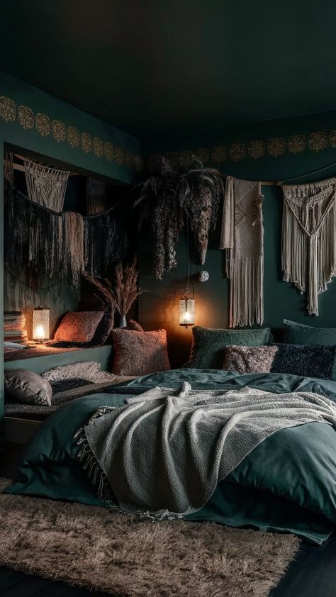 This dark sage green bedroom combines rich tones with bohemian textures for a dreamy Dark Sage Green Bedroom, Sage Green Boho Bedroom, Green Boho Bedroom, Dark Sage Green, Sage Green Bedroom, Boho Style Bedroom, Moody Bedroom, Cozy Fall Bedroom, Dark Sage