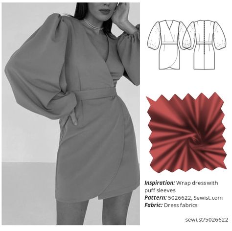 Wrap dress with puff sleeves Women Clothing Dress Sewing Pattern Sewist Puff Sleeve Wrap Dress, Ruched Wrap Dress Pattern, One Piece Wrap Dress Pattern, Sew Puff Sleeve Dress, Woven Wrap Dress Sewing Pattern, Wrap Dress Technical Drawing, Clothes Sewing Patterns, Dress Sewing Pattern, Sleeves (women)