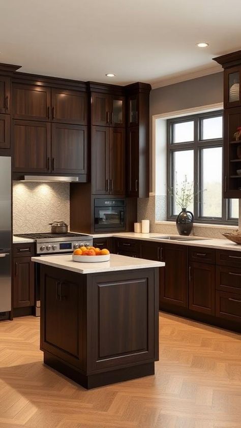 kitchen with dark brown cabinets Chocolate Brown Kitchen Cabinets, Dark Brown Kitchen Ideas, Interior Dark Wood, Dark Cabinets Light Counters, Kitchen With Dark Brown Cabinets, Dark Cabinets Kitchen, Dark Brown Kitchen Cabinets, Brown Kitchen Ideas, Dark Oak Cabinets