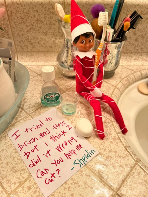 Elf on the Shelf tries to brush & floss Elf On The Shelf Toothbrush Ideas, Elf On The Shelf Ideas Toothbrush, Elf With Toothbrush, Elf On The Shelf Toothbrush, Elf On The Shelf Toothpaste, Elf On Shelf Toothbrush, Dental Elf On The Shelf, Elf On The Shelf Brush Your Teeth, Ortho Assistant