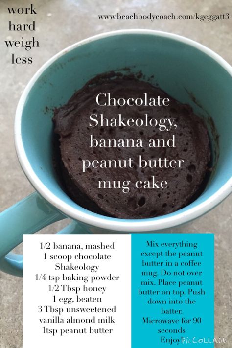 This is a great dessert option or snack or breakfast… You get my point ;) It is simple to throw together and it is so healthy! My kids can’t stop thanking me for letting them have &#82… Shakeology Desserts, Shakeology Mug Cake, Chocolate Shakeology Recipes, Peanut Butter Mug Cake, 21 Day Fix Desserts, Banana Mug Cake, Banana And Peanut Butter, Peanut Cake, Peanut Butter Mug Cakes