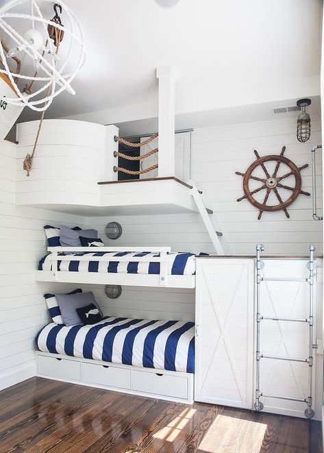 Garage Transformation, Bunk Bed Rooms, Nautical Room, White Bunk Beds, Bunk Beds Built In, Nautical Bedroom, Built In Bunks, Bunk Rooms, Bunk Bed Designs