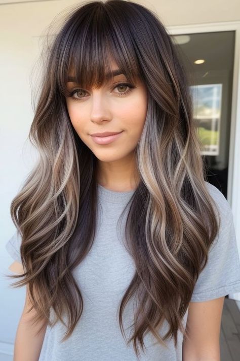 Extensions With Curtain Bangs, Fall Hair With Bangs Long Layered, Bangs And Money Piece, Feminine Hair Styles, Long Angled Bob With Layers, Ombre Hair With Bangs, Hairstyles For Basketball, Cool Tone Hair, Bangs Sideswept