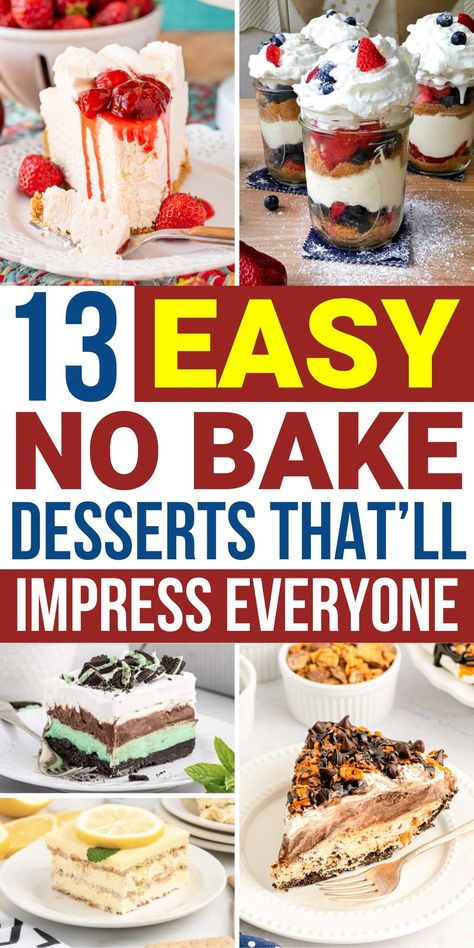 These no-bake desserts are the best! Make one of these easy no-bake dessert recipes when you need something to feed a crowd! Includes no-bake pie, no-bake cheesecake, no-cake cookies, and more!! There are so many yummy desserts to choose from with no oven required!! The no-bake Oreo fudge is amazing! Easy Desserts No Bake 4 Ingredients, No Bake Fancy Desserts, Easy Desserts For A Crowd Cheap Simple, Easy Mexican Desserts No Bake, Easy To Transport Desserts, Easy No Oven Desserts, Easy Dessert Ideas No Bake, Quick And Easy No Bake Desserts, Best No Bake Desserts