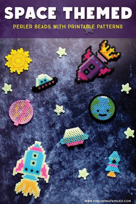 New space themed Perler Bead patterns for kids crafting fun. Some are small and easy and others are a little more detailed, but you can use our printable patterns to make it easier. Perfect indoor activity for crafty kids who love space! Pyssla Ideas, Craft Activity For Kids, Perler Bead Designs, Hamma Beads Ideas, Easy Perler Bead Patterns, Melty Bead Patterns, Space Craft, Fuse Bead Patterns, Art Perle