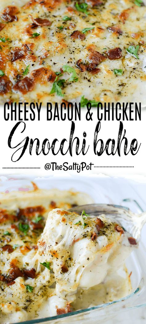 This Cheesy Bacon & Chicken Gnocchi Bake is the epitome of comfort food! Melty, gooey cheese, crispy salty bacon, and that pillowy soft gnocchi mixed in the sauce with the savory chicken, WOW... absolutely delicious! #thesaltypot #recipeswithgnocchi #casseroles #easydinners Chicken Gnocchi Recipes Dinners, Things To Do With Gnocchi, Cheesy Comfort Food, Chicken Bacon Gnocchi Recipes, Chicken And Gnocchi Casserole, Packaged Gnocchi Recipes, Baked Chicken And Gnocchi, Chicken And Gnocchi Bake, Gnocchi Dishes With Chicken