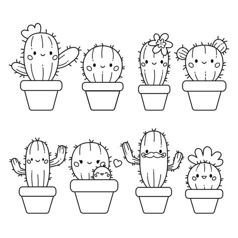 Cute Plant Coloring Pages, Clip Art Cactus, Cactus Coloring Page Free Printable, Plant Coloring Pages Free Printable, Cartoon Cactus Drawing, Cute Plant Doodles, Plant Drawings Simple, Cute Cactus Drawing, Coloring Kawaii