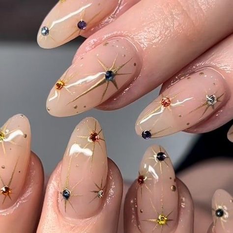 Acrylic Nail Designs Celestial, Fall Celestial Nails, Celestial Bridal Nails, Mystical Nails Almond, New Orleans Nail Ideas, Celestial Gel Nails, Gem Christmas Nails, Cancerian Nails, Whimsigoth Nail Art