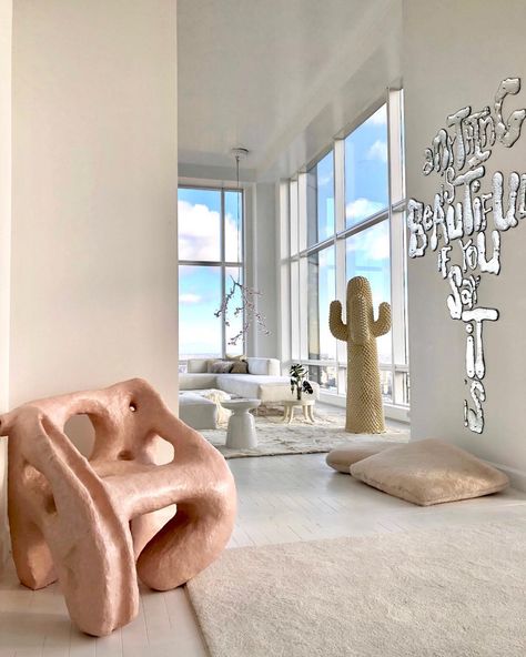 #home chair by Thomas Barger / Salon 94 text art by Rob Wynne / Gavlak Gallery cactus by Gufram / Barneys NY sofa by Vladimir Kagan… Kelly Behun, New York Penthouse, Top Interior Designers, Livingroom Layout, Room Layout, Interior Design Firms, Interior Design Trends, Best Interior, Living Room Interior