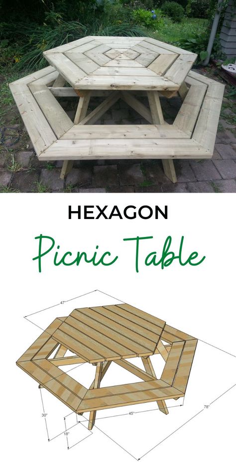 Building A Picnic Table, Hexagon Picnic Table, Painted Picnic Table Ideas Diy Projects, Hexagon Patio Table, How To Build A Picnic Table, Diy Picnic Table Easy, Diy Table And Chairs, Picnic Table Ideas, Picknick Table