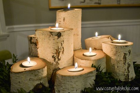 DIY – How to Make a Set of Tree Stump Candle Holders for the Holidays via Cozy•Stylish•Chic Diy Wood Candles, Tree Stump Candle Holder, Tall Candlesticks, Diy Projektit, Diy Tree, Dollar Store Christmas, Diy Candle Holders, Fall Crafts Diy, Candle Tree