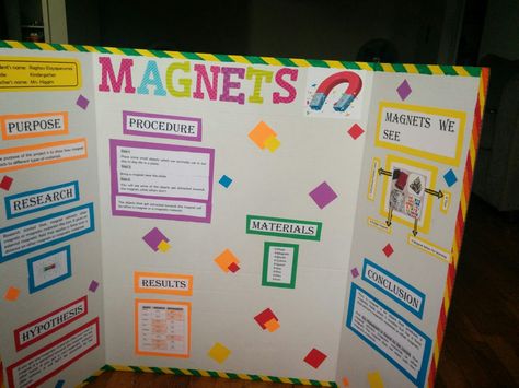 Science fair project on magnets Science Fair Projects Kindergarten, Magnet Science Project, Kindergarten Science Fair Projects, Science Fair Topics, Kindergarten Science Projects, Science Fair Poster, Science Project Board, Science Exhibition Ideas, Kids Science Fair Projects