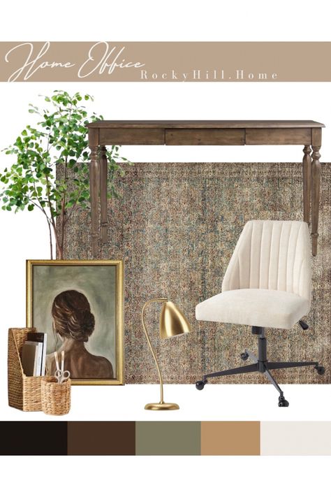 Home Office Moodboard with World Market turned leg desk, office chair, woman’s portrait, hyacinth office accessories, amber Lewis loloi sage rug, gold desk lamp Follow my shop @RockyHill.Home on the @shop.LTK app to shop this post and get my exclusive app-only content! #liketkit #LTKsalealert #LTKhome #LTKstyletip @shop.ltk https://liketk.it/4eaUz Office Beauty Room, Turned Leg Desk, Earthy Office, Gold Desk Lamp, Feminine Home Office, Law Office Design, Gold Desk Lamps, Sage Rug, Feminine Home