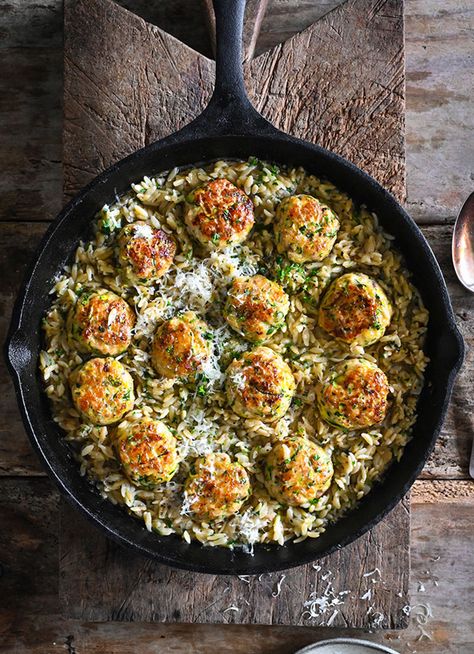 Chicken, Zucchini and Lemon Meatballs with Herb Orzo Lemon Meatballs, Chipotle Meatballs, Dish Magazine, Recipe Using Lemons, Orzo Dishes, Zucchini Meatballs, Meatball Dishes, Chicken Tray Bake, New Zealand Food