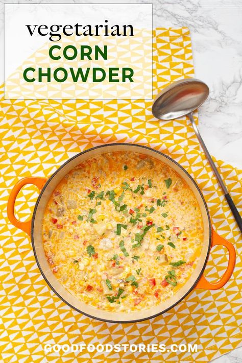 Dutch oven filled with corn chowder soup Corn Chowder Recipe Easy Healthy, Small Batch Corn Chowder, Dairy Free Corn Chowder Crock Pot, Corn Chowder Recipe Vegetarian, Corn Chowder Recipe Easy, Vegetarian Corn Chowder Recipe, Corn Chowder Freezer Meal, Corn Soup Recipes Easy, Corn Chowder Vegetarian