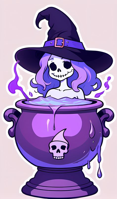 In a mystical ambiance washed in purple and pastel shades, a skeletal witch with flowing lavender hair brews a concoction. Her deep, soulless eyes peer out from beneath a wide-brimmed witch hat, while purple magical wisps rise from the bubbling potion. The cauldron, bearing skull motifs and dripping with excess brew, rests atop a pedestal, emphasizing its significance in her otherworldly ritual. #SkeletalSorcery #PotionPro #MysticMixtures #WitchyWisps #BoneBrews Witch In Cauldron, Halloween Mermaid Art, Bubbling Potion, Soulless Eyes, Witch Drawings, Cauldron Art, Vampire Games, Bear Skull, Witch Drawing