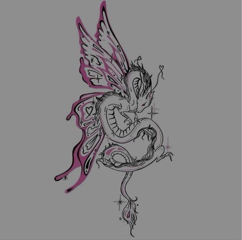 Dragon With Wings Tattoo For Women, Butterfly Dragon Tattoo, Girly Dragon Tattoo, Dragon With Butterfly Tattoo, Dragon Butterfly Tattoo, Fairy Wing Spine Tattoo, Butterfly With Fairy Wings Tattoo, Dragon With Butterfly Wings, Ace Tattoo