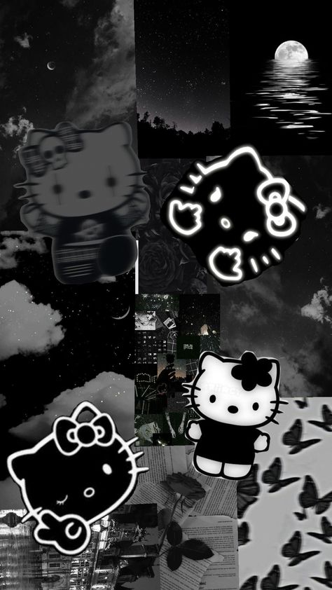 White And Black Hello Kitty Wallpaper, Hello Kitty Goth Wallpaper, Hello Kitty Wallpaper Emo, Dark Hello Kitty Aesthetic, Dark Hello Kitty Wallpaper, Black Hello Kitty Wallpaper, Cute Dark Wallpaper, Hello Kitty Dark, Hello Kitty Wallpaper Black