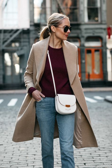 Fashion Jackson Club Monaco Camel Coat Burgundy Sweater Denim Jeans Celine White Trotteur Handbag 1 Beige Coat Outfit Winter, Beige Coat Outfit, Nyfw Outfits, Camel Outfit, Leather Handbag Patterns, Winter Coat Outfits, Blogger Street Style, Beige Outfit, Beige Coat