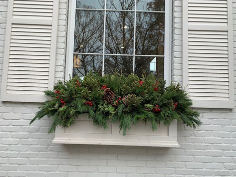 Winter Portfolio — Botanical Blitz Winter Flower Boxes Window, Winter Flower Boxes, Flower Boxes Window, Winter Window Boxes, Outdoor Christmas Planters, White Branches, Window Box Flowers, Porch Planters, Buffalo Plaid Ribbon