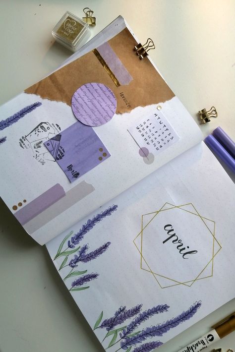 Teachers Day Scrapbook Ideas, Lavender Journal Ideas, Aesthetic Purple Journal Ideas, April Scrapbook Ideas, Purple Notes Aesthetic, Bujo March Cover, Purple Journal Aesthetic, Lavender Bujo, Purple Journal Ideas