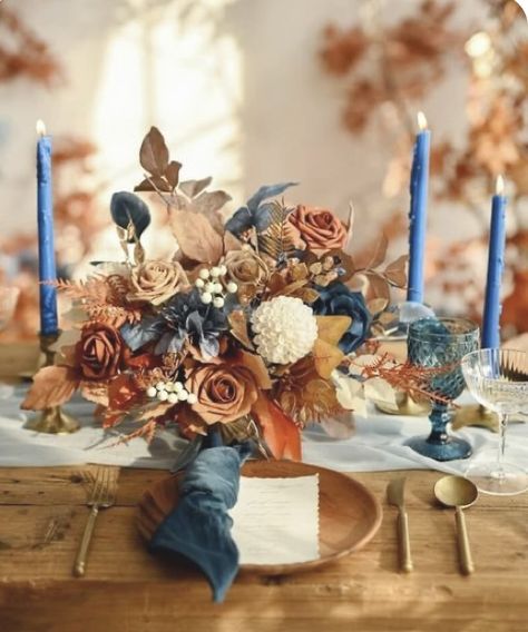 Royal Blue Fall Wedding, Dusty Blue And Terracotta Wedding Theme, Russet Orange And Denim Blue Wedding, Terracotta And Dusty Blue Wedding, Denim Blue Wedding, Peach And Blue Wedding, Baby Blue Wedding Theme, Orange And Blue Wedding, Blue Wedding Color Palette