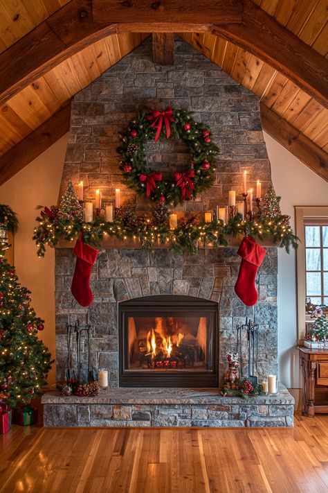 Transform your home into a winter wonderland with this elegant fireplace decor. Featuring festive garlands, wreaths, and stockings, it brings warmth and holiday cheer. Perfect for creating a cozy winter home decor ambiance. #WinterHomeDecor #HolidayDecor #CozyLiving Stone Fireplace Christmas, Christmas Farmhouse Fireplace, Christmas Stocking Fireplace, Christmas Stone Fireplace Decor, Christmas Hearth Ideas, Christmas Cottage Interiors, Brick Fireplace Christmas Decor, Christmas Cabin Decorating Ideas, Christmas Decorations Fireplace