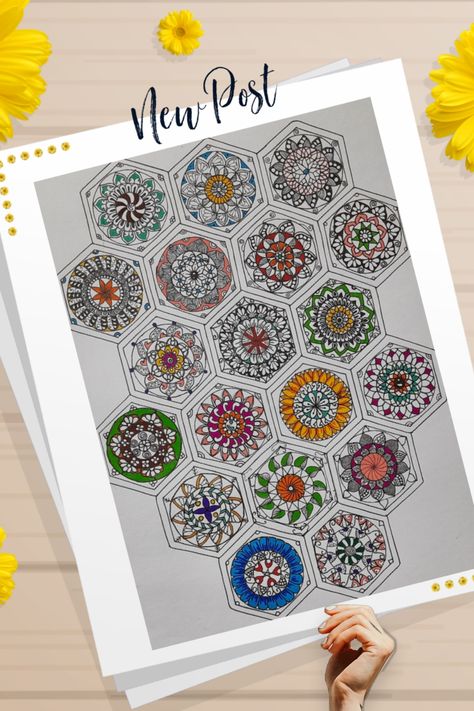 Hexagonal Mandala Creative Craft, Drawing Supplies, Hexagon Pattern, Art N Craft, Mandala Drawing, Creative Crafts, Mandala Art, Doodles, Drawings