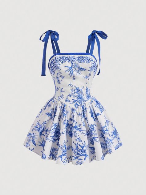 SHEIN MOD Printed Knot Shoulder Strap RomperI discovered amazing products on SHEIN.com, come check them out! Cute Dress Outfits, Blue And White Dress, Chic Outfit, Fabric Floral, Kpop Fashion Outfits, Really Cute Outfits, Casual Style Outfits, Kpop Fashion, Vaseline