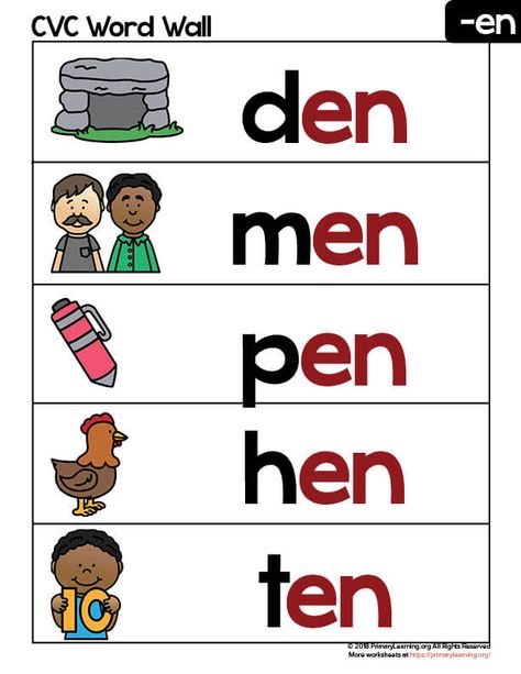 Using word families help teach beginning spellers that words contain the pattern. Use these word wall cards to introduce words that ending with EN. En Word Family Worksheets, En Family Words Worksheet, En Words Worksheet, En Family Words, Ed Word Family, Word Pattern, Kindergarten Word Families, Phonics Reading Passages, Word Family Activities