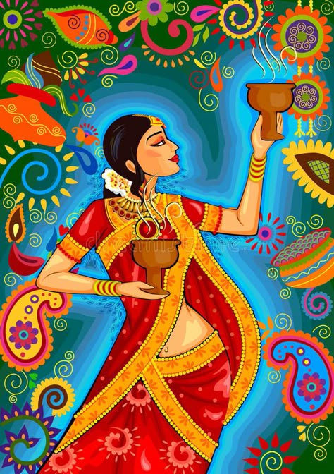 Indian woman doing dhunuchi dance of Bengal during Durga Puja Dussehra celebration in India vector illustration Dhunuchi Dance, Cherokee Indian Art, India Illustration, Diwali Painting, Dussehra Celebration, Dance Design, Abstract Pencil Drawings, Paintings Easy, Indian Illustration