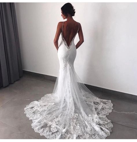 M A R L O P A R I $ on Instagram: “Dress👰🏻 #marlopvris#wedding#dress @emilyshak” Spaghetti Strap Wedding Dress Lace, Boho Wedding Dress With Sleeves, Backless Lace Wedding Dress, Spaghetti Strap Wedding Dress, Pnina Tornai, Mermaid Wedding Dresses, Wedding Dresses With Straps, Backless Wedding, Lace Mermaid