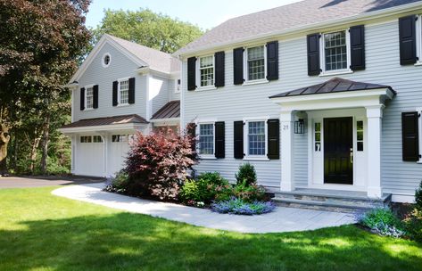 Wayland Colonial - Traditional - Exterior - Boston - by Chace Architecture | Houzz Colonial Stucco Exterior, Colonial House Addition Over Garage, Colonial With Addition Over Garage, Colonial Makeover Exterior, Garrison Colonial Garage Addition, Flat Front Colonial House Exterior, Colonial House Colors, Garrison Colonial Exterior Makeover, Traditional Colonial House Exterior