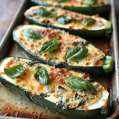 🍆 Stuffed Zucchini Boats with Ricotta and Spinach - a healthy and delicious delight! #HealthyEating #VeggieLovers Stuffed Zucchini Boats with Ricotta and Spinach Ingredients: Zucchini (4, halved lengthwise) Ricotta cheese (1 cup) Spinach (2 cups, chopped) Parmesan cheese (1/2 cup, grated) Egg (1) Garlic (2 cloves, minced) Salt and pepper (to taste) Olive oil (2 tbsp) Instructions: Preheat oven to 375°F (190°C). Scoop out the center of each zucchini half, leaving a boat shape. In a bowl, m... Twist Recipes, Spinach Parmesan, Ricotta Spinach, Stuffed Zucchini Boats, Instagram Recipes, Stuffed Zucchini, Healthy Zucchini, Twisted Recipes, Zucchini Boats