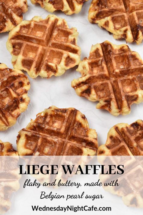 Liege Waffles, from the Belgian city of Liege, are made with a brioche-type yeast-leavened dough and Belgian pearl sugar. Liege waffles are slightly crunchy on the outside from caramelized sugar and flaky and buttery on the inside. #liegewaffles #waffles Belgian Liege Waffle Recipe, Belgium Waffle Recipe, Sunrise Picnic, Leige Waffles, Liege Waffles Recipe, Liege Waffles, Belgian Waffles Recipe, Liege Waffle, Belgium Waffles