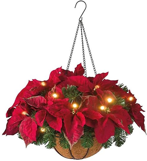 Ikea Artificial Flowers, Christmas Exterior, Christmas Hanging Baskets, Artificial Hanging Baskets, Garland Lights, Galvanized Tub, Christmas Pots, Hammacher Schlemmer, Hanging Flower Baskets