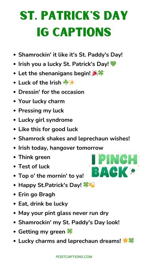 Best St. Patrick's Day Instagram Captions St Patrick's Day Captions, St Patrick’s Day Insta Captions, St Pattys Day Captions For Instagram, St Patrick’s Day Quotes, Caption For Selfies, Captions For Instagram Selfies, St Patrick Quotes, St Patricks Day Outfits, Patrick Quotes