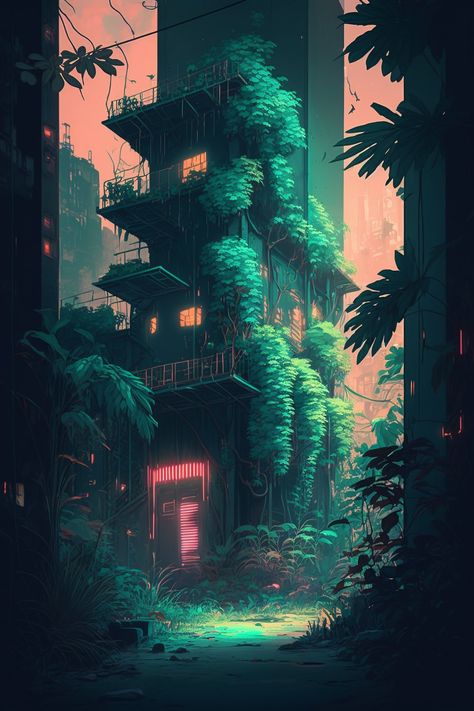 Jungle City Concept Art, Nature Cyberpunk, Cyberpunk Nature, Fantasy Scenarios, Jungle City, Studio Ghibli Poster, Jungle Mural, Joker Artwork, Jungle Art